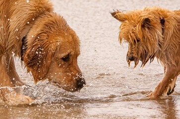 Two dogs, a golden retriver and a karin Terrier,  helping their clam digging owners by pointing a...