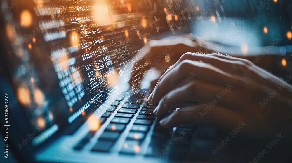 Wall mural Close up of hands typing on a keyboard with security code overlay