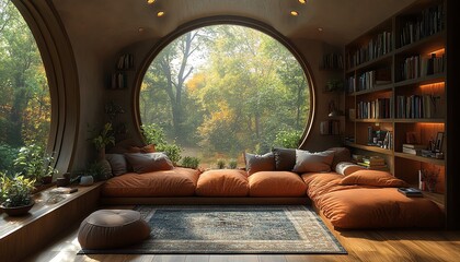 Cozy reading nook in an attic with large windows, surrounded by books and plants, forest outside