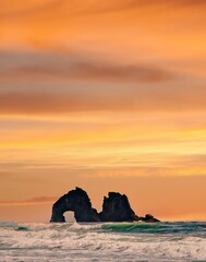Twin rocks, two massive rock outcroppings on the north Oregon coastline at Rockaway beach