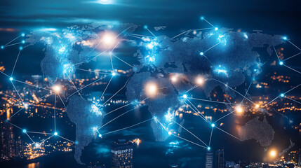 Fototapeta premium A digital world map with glowing dots interconnected by lines over a blurred city background.