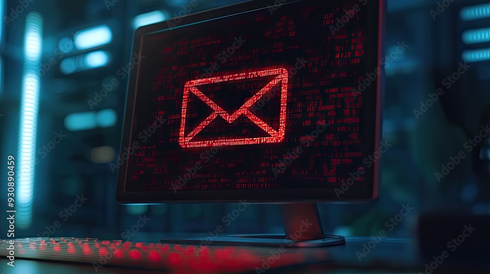 Poster computer screen displaying a phishing email warning with a red alert icon
