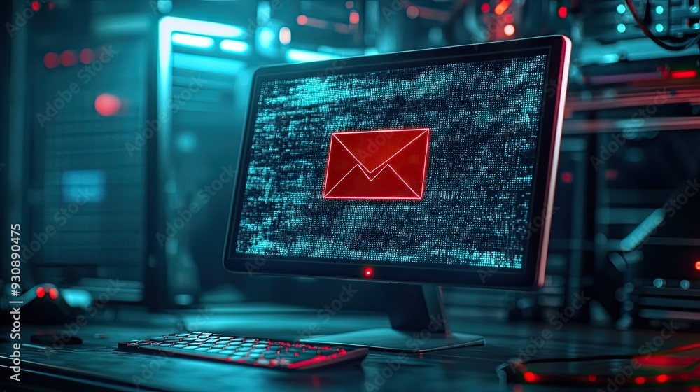Poster computer screen displaying a phishing email warning with a red alert icon