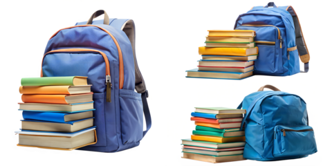 School backpack with stack book isolated on transparent background PNG file