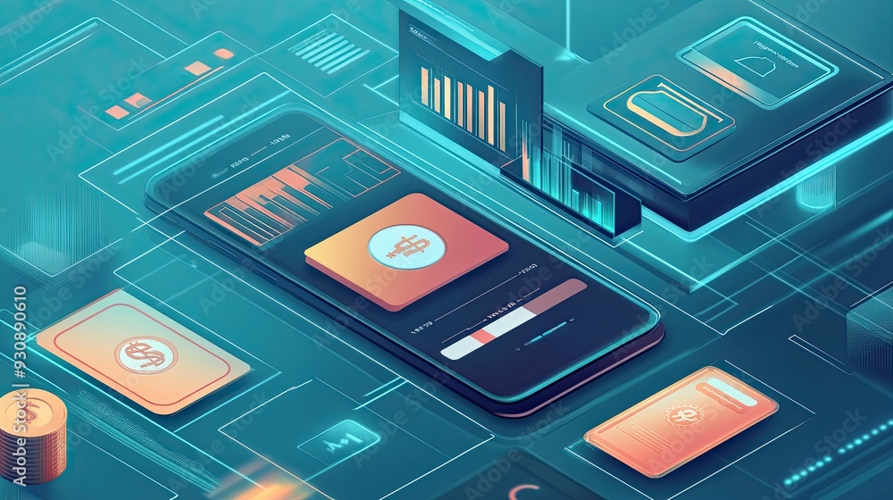 Poster concept of digital banking with a mobile app interface and bank icons.