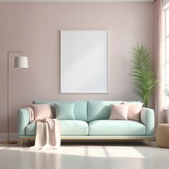 Mockup plain white frame in interior background, room with light pastel colors, 3d rendering