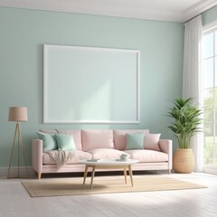 Mockup plain white frame in interior background, room with light pastel colors, 3d rendering