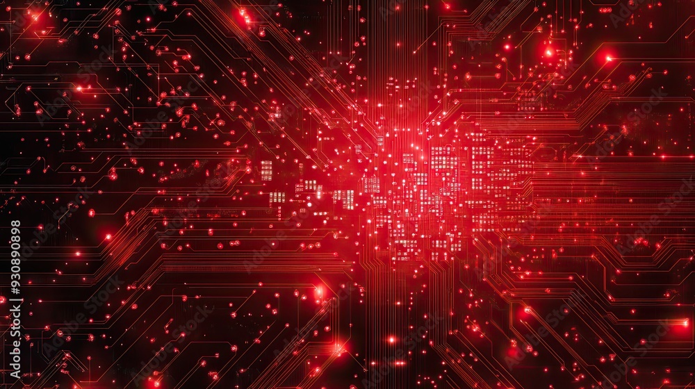 Poster red circuit board background with electronic components and pathways