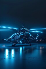 Futuristic combat helicopter with glowing blue lights, sleek design, side view, bright studio lighting, hightech detail