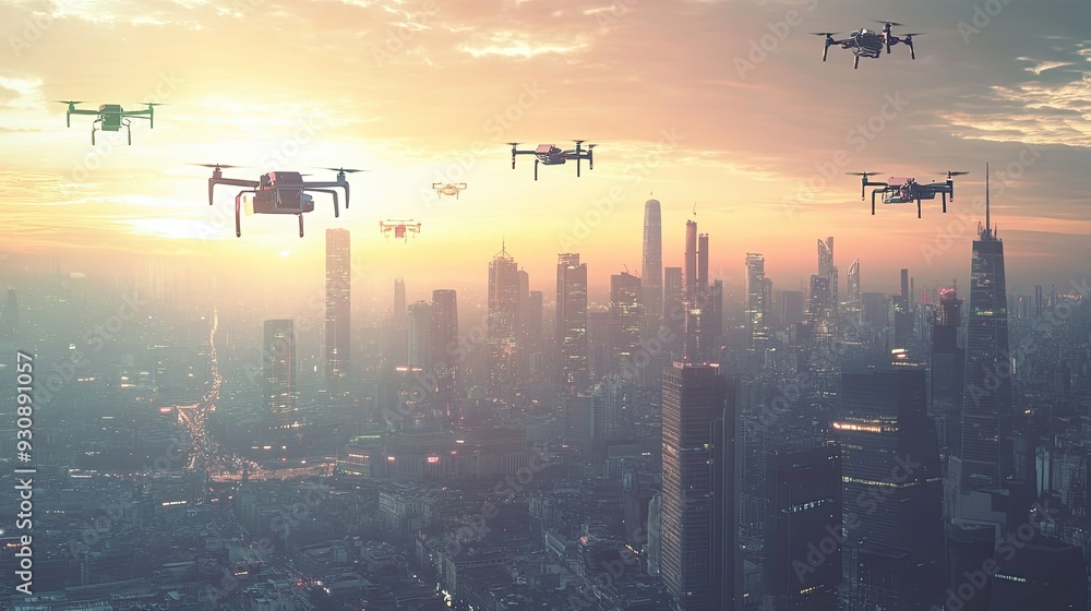 Aufkleber robotics background with a variety of drones and autonomous vehicles in a smart city setting