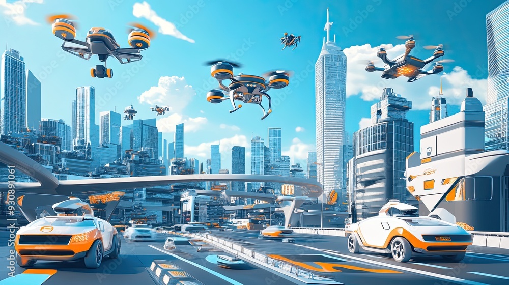 Poster robotics background with a variety of drones and autonomous vehicles in a smart city setting