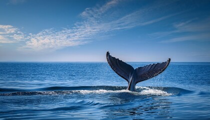 Fototapeta premium A humpback whale's fluke disappearing into the water, with a serene, cloudless sky above, le