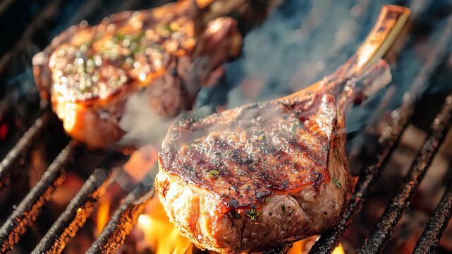 tomahawk  steak on barbecue rack with fire flame and smoke, 