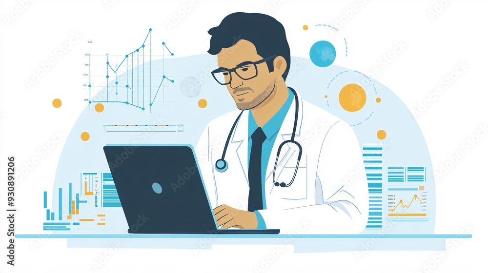 Wall mural a focused epidemiologist analyzing data on a laptop, surrounded by charts and graphs, in a light sol