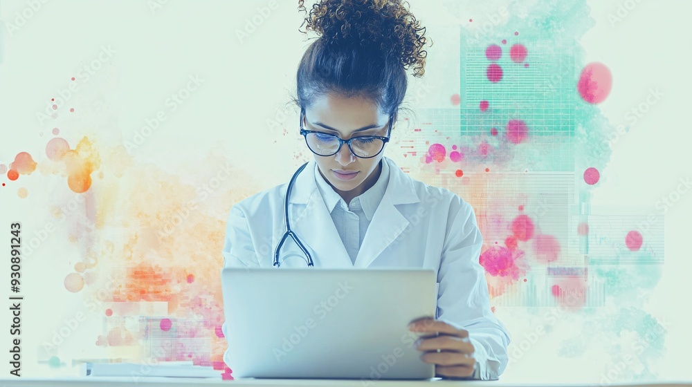Canvas Prints a focused epidemiologist analyzing data on a laptop, surrounded by charts and graphs, in a light sol