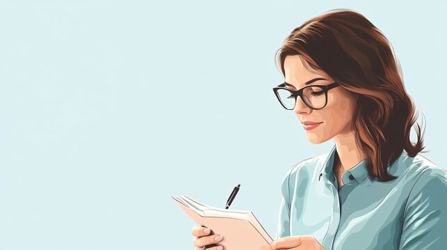 A female epidemiologist wearing glasses, taking notes during a presentation, with a light solid color background