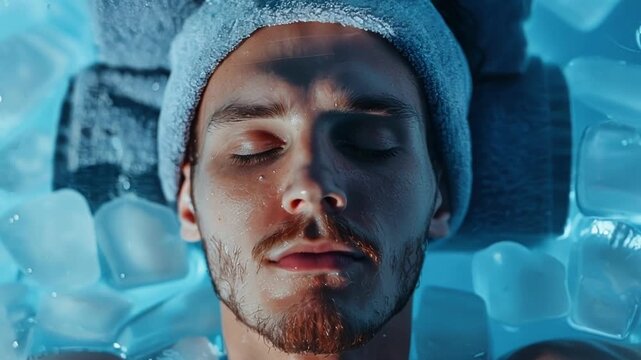 Young man with closed eyes is floating in a cryotherapy tank, his head resting on a towel and surrounded by ice cubes