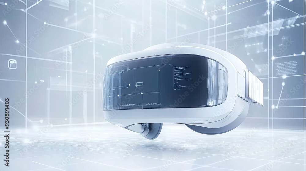 Poster white virtual reality interface with 3d grid and tech icons