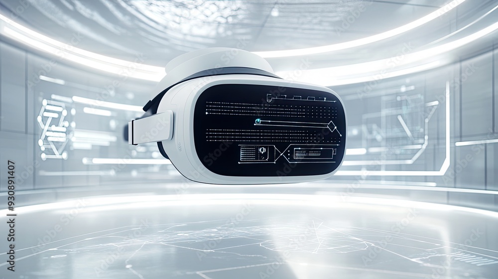 Poster white virtual reality interface with 3d grid and tech icons