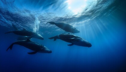 Naklejka premium A pod of whales swimming just beneath the surface, their dark silhouettes visible against th