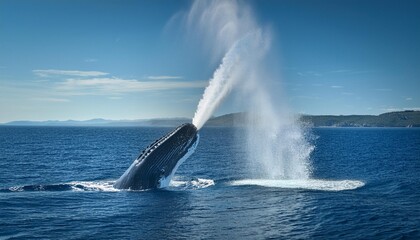 Fototapeta premium A whale blowing a spout of water high into the air, with the backdrop of a distant, fading c