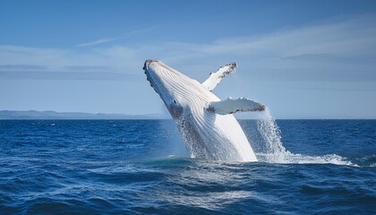 Fototapeta premium A whale breaching, captured mid-air with its massive body dripping water, set against a mini
