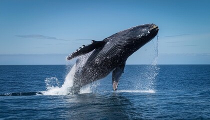 Fototapeta premium A whale breaching, captured mid-air with its massive body dripping water, set against a mini
