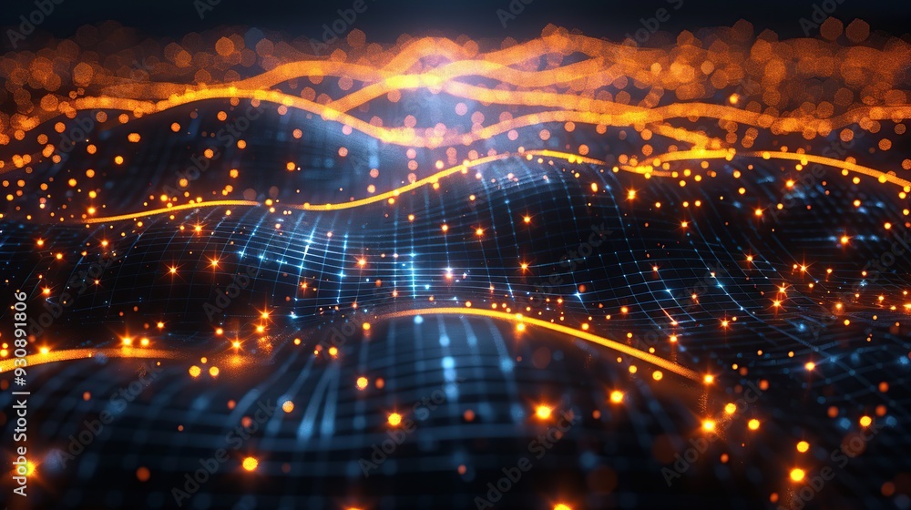 Poster abstract digital landscape with glowing particles and lines
