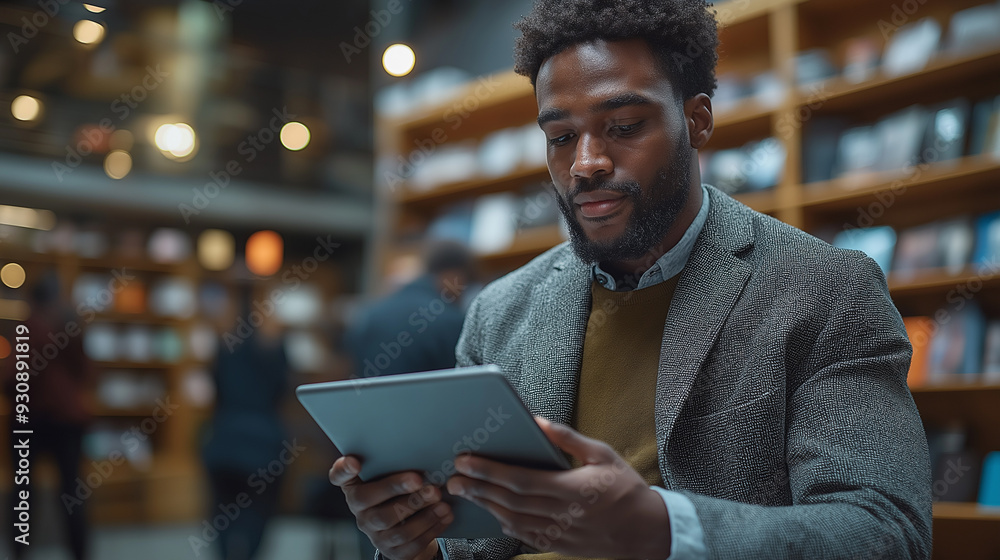 Aufkleber a man wearing a suit and a brown sweater is looking at a tablet. he is in a library and he is readin