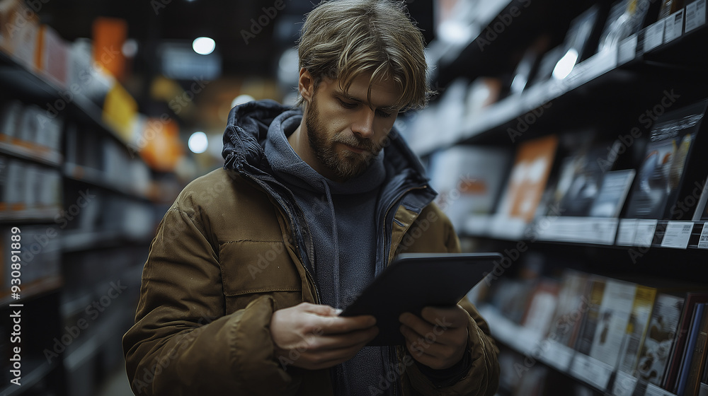 Poster a man is browsing through a store with a tablet in his hand. he is wearing a brown jacket and a gray