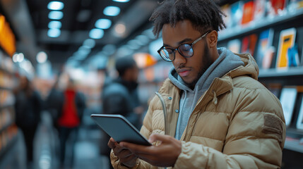 A man wearing glasses and a brown jacket is looking at a tablet. He is in a store with other people