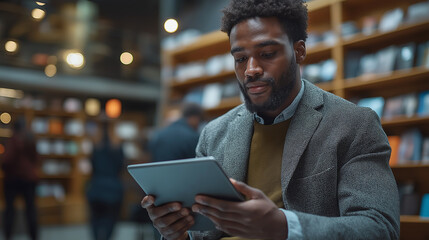A man wearing a suit and a brown sweater is looking at a tablet. He is in a library and he is reading something on the tablet
