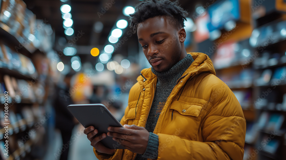 Aufkleber a man in a yellow jacket is looking at a tablet. he is in a store and he is browsing