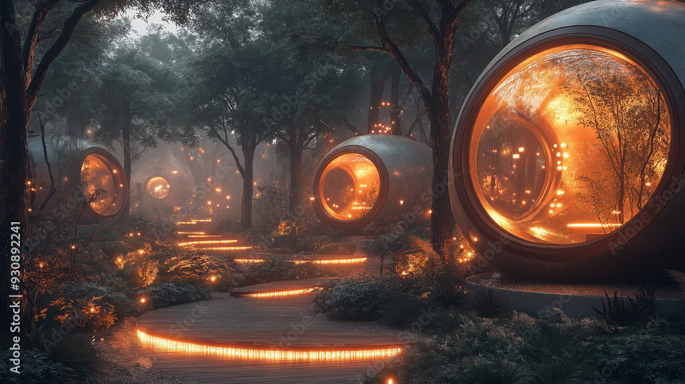 Poster a forest with a path leading to a series of orange domes. the domes are illuminated by lights, creat