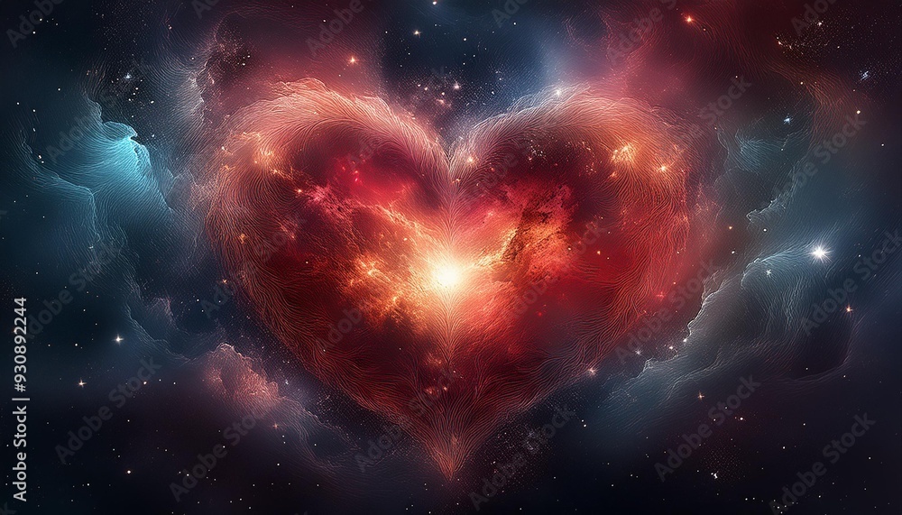 Wall mural Radiant heart-shaped nebula in shades of red and gold, surrounded by a few twinkling stars.