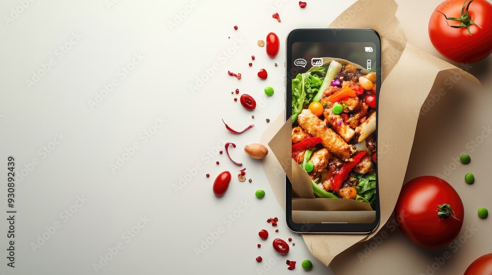 Aufkleber a smartphone with a food delivery app showing an order in progress, with plenty of space for text