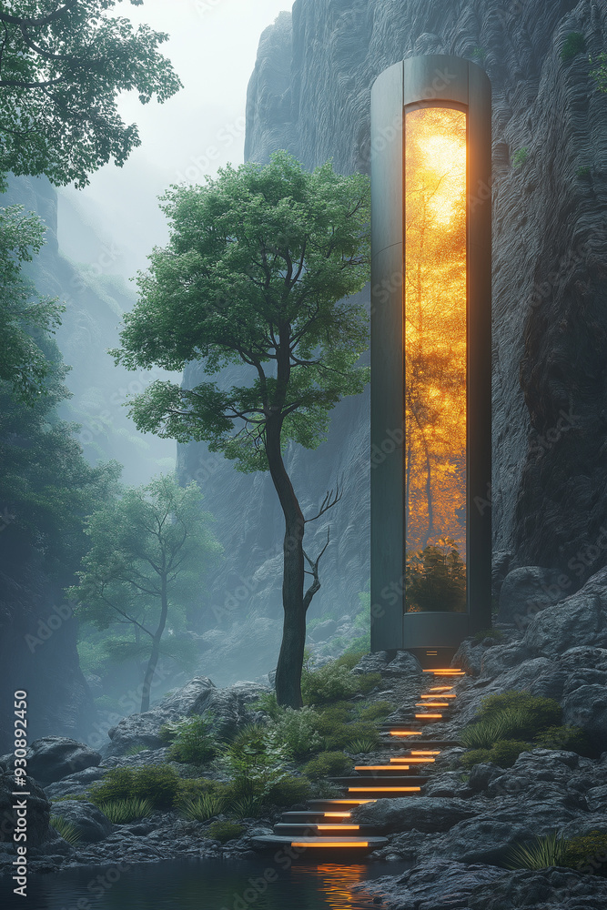 Poster a tree is growing in front of a tall, glass structure. the structure is surrounded by rocks and he i