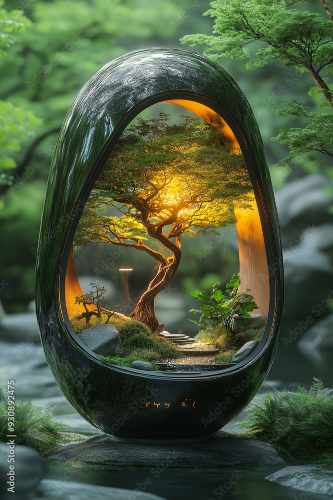 Poster a tree is growing in a small pond with a rock in the middle. the pond is surrounded by trees and roc