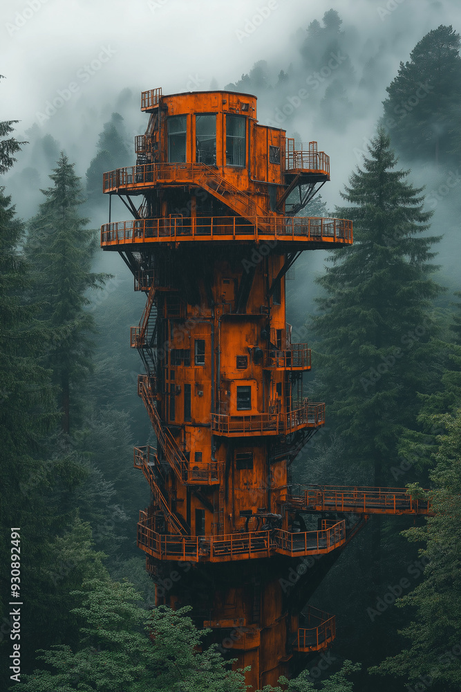 Poster a tall, rusty tower with a lot of windows and a staircase. the tower is surrounded by trees and he i