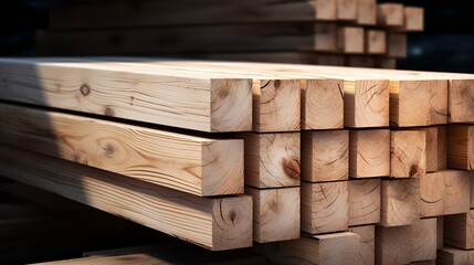 Stack of wooden beams in a warehouse.