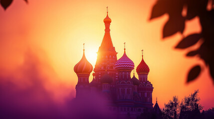 Silhouette of St Basil's Cathedral at sunrise with warm golden light.