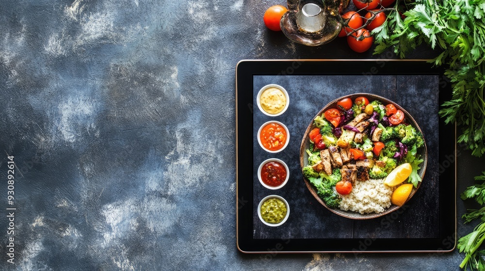 Aufkleber a tablet showcasing a food delivery app interface with meal options and a clean backdrop for text