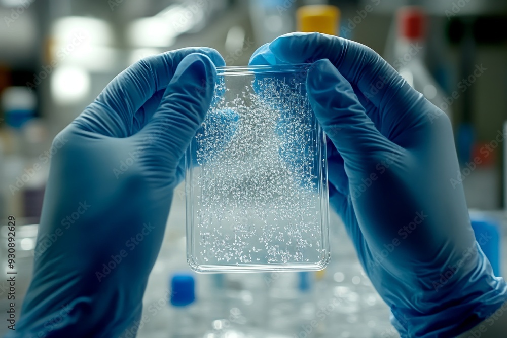 Wall mural Detailed close up of gloved hands carefully handling a transparent microchip in a sterile laboratory setting showcasing the precision and innovation in modern electronic engineering