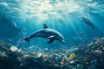 Obraz premium Dolphins Swim Through Plastic Ocean.