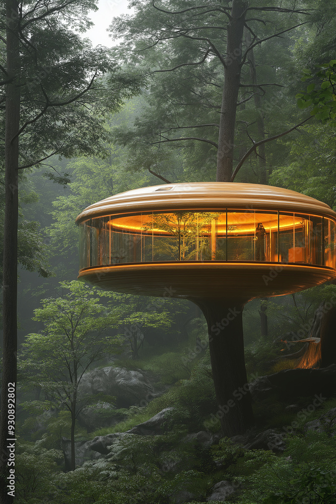 Poster a treehouse is built in the middle of a forest. the treehouse is surrounded by trees and has a glass