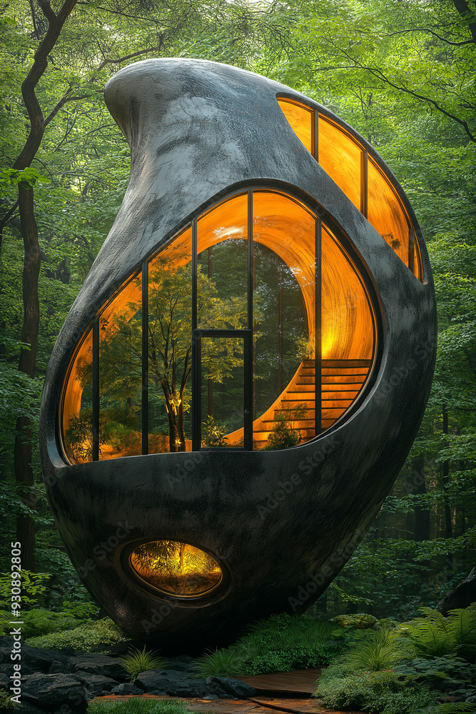 Poster a large, curved building with a tree inside. the building is made of stone and has a glass window