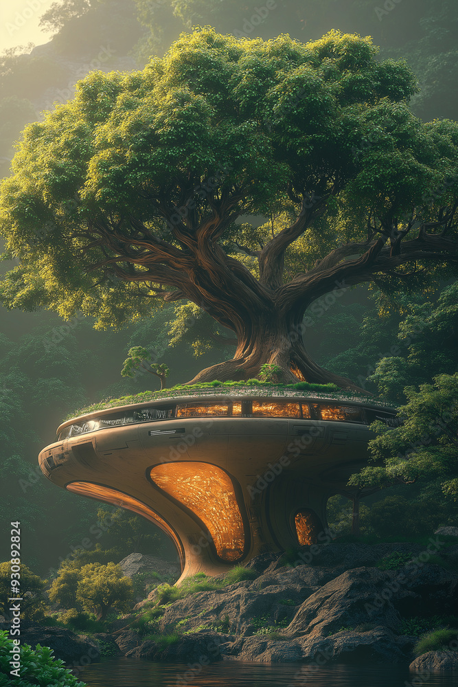 Poster a tree is growing on top of a building. the tree is surrounded by a lot of greenery and the building