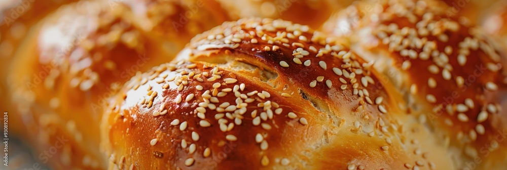 Canvas Prints Close-up shot of a freshly baked rustic sesame seed bun highlighting the texture of the crust.