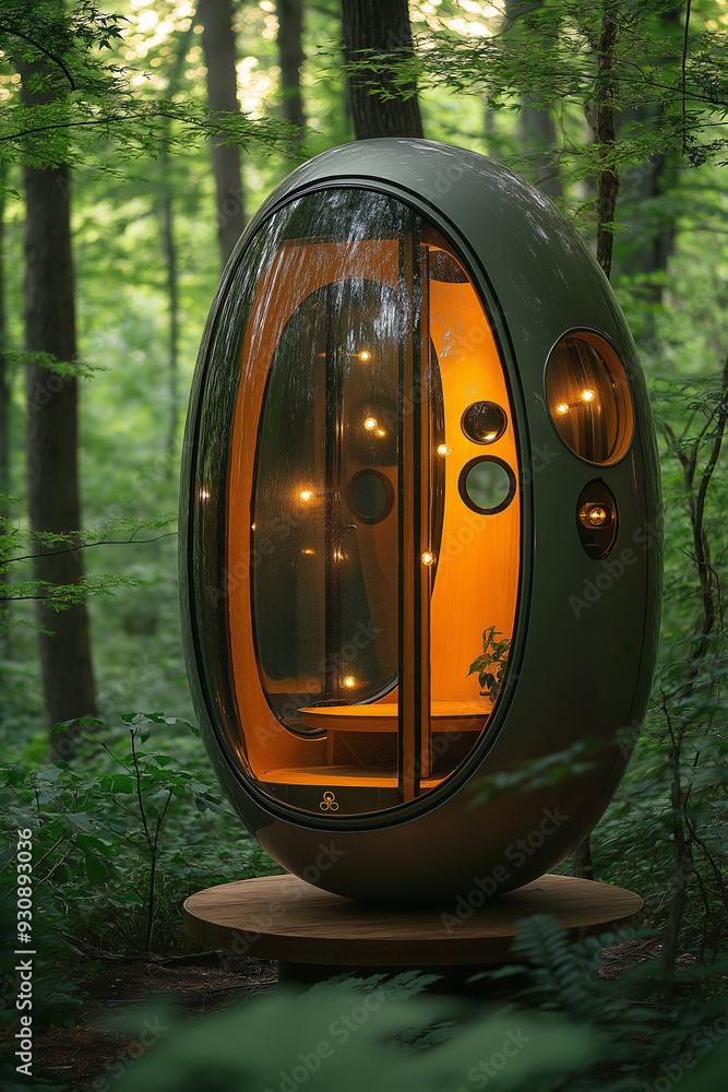 Poster a small, round structure made of wood and glass is surrounded by trees. the structure has a window a