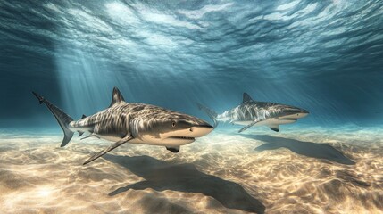 Two Tiger Sharks Swimming in Clear Ocean Water